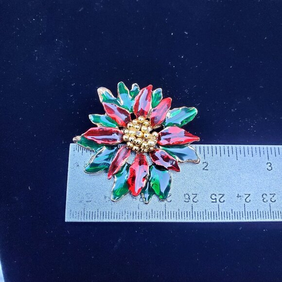 Vintage Poinsettia Flower Christmas Enameled Brooch Pin - Picture 8 of 9